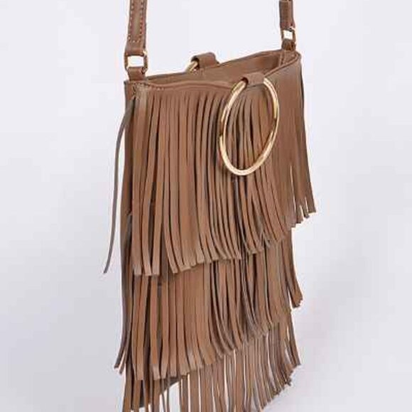 Fringe Tiered /Tassel/ Gold Hoop / Bohemian Crossbody/ Retro 70s - Brown - NWT